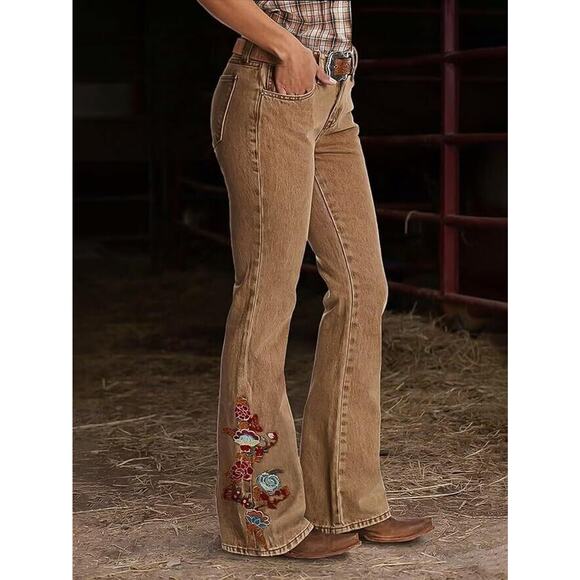 Flamingals Women's Floral Embroidery Mid Waist High Stretch Bootcut Jeans XL - Picture 4 of 8